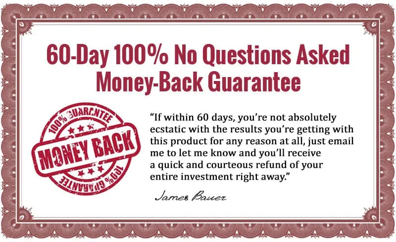 His Secret Obsession 60-day, 100% money-back guarantee certificate quoting James Bauer